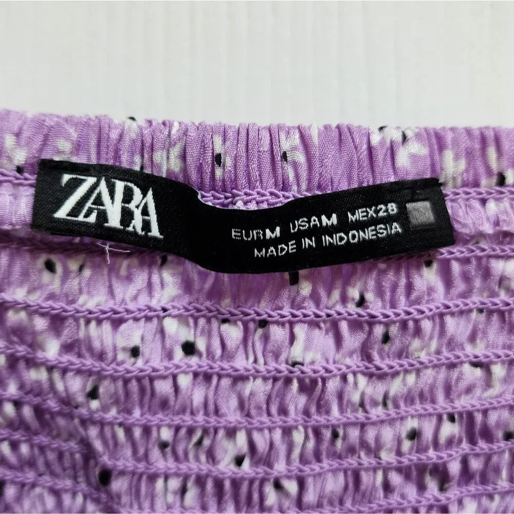 Zara Top Women Sz M Purple Floral Sweetheart Lace Up Puff Slv Smocked Babydoll